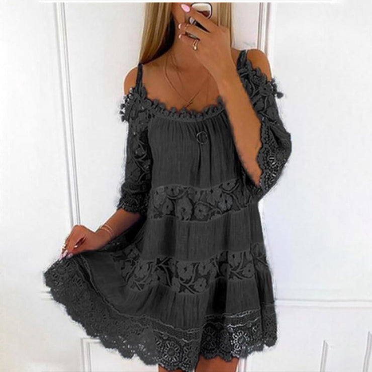 Solid  Dress Off Shoulder Lace