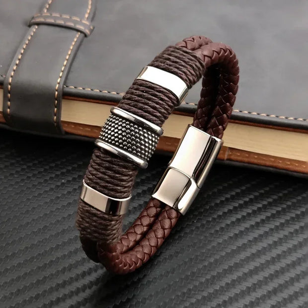 Vintage Multilayer Brown PU Leather Men Bracelet