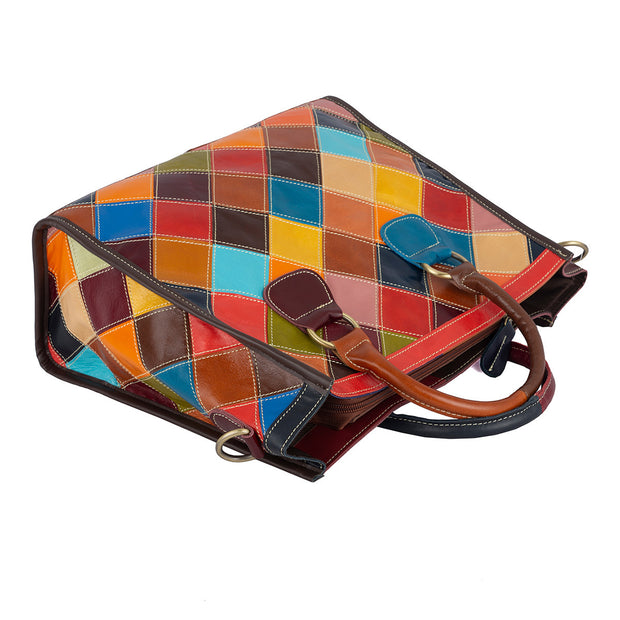 Color Blocking Grid Oil Wax Splicing Hand-held Shoulder Crossbody Bag